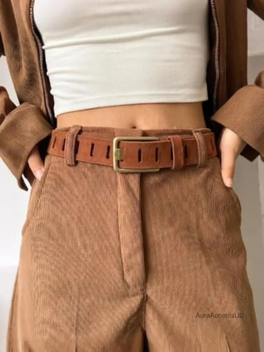 Women's Genuine Leather Western Belt with Vintage Gold Buckle, 1.5